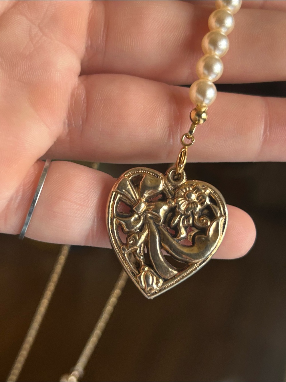 Vintage Gold Openwork Heart Pearl Charm Pendant Ribbon Bow Flower Upcycled - Picture 8 of 8